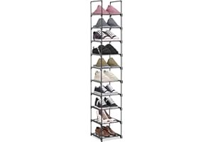 Pitmoly 10-Tier Shoe Rack, Shoe Storage Organizer, Small Narrow Shoe Shelf for Closet, Entryway, Metal Tall Shoe Stand for 10