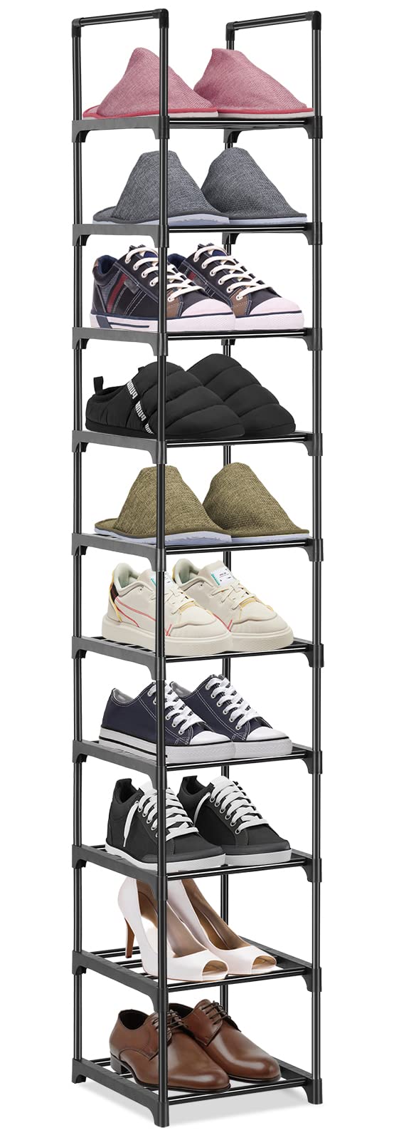 Hossejoy 10 Tiers Shoe Rack, Metal Shoe Storage Organiser, Slim Shoe Shelf Storage, Space Saving Tall Narrow Shoe Racks for Narrow Space, Bedroom, Living Room, Hallway, 28 x 30.5 x 175 cm, Black