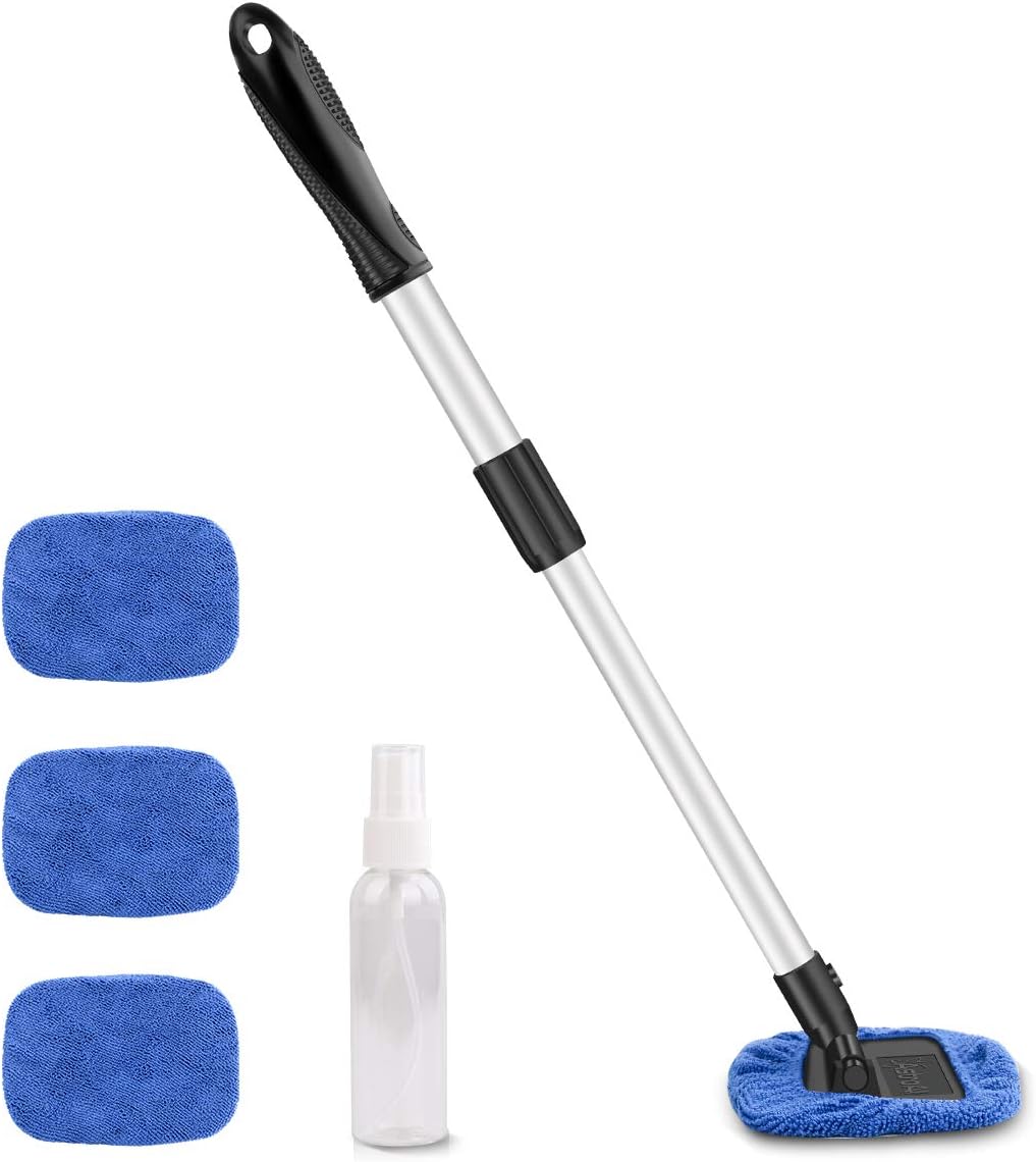 AstroAI Car Window Cleaner, 4 Microfiber Pads, Windshield Cleaning Tool with Telescopic Handle Auto Inside Glass Wiper Kit, Blue: Automotive
