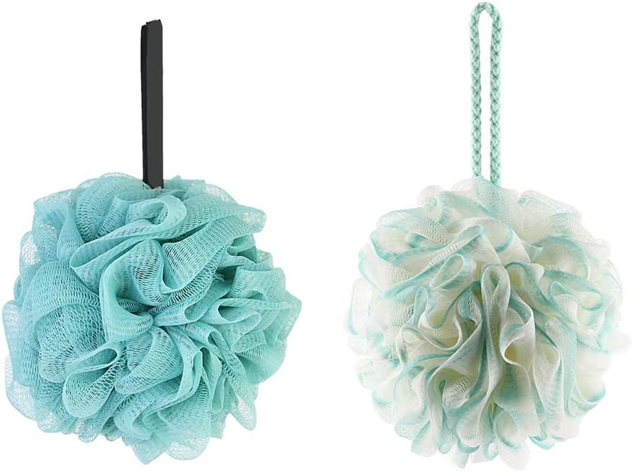 Omenluck 2 Bath Shower Sponge Balls Rope Handle Loofah Mesh Exfoliating
