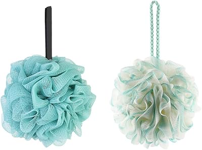 Omenluck 2 Bath Shower Sponge Balls Rope Handle Loofah Mesh Exfoliating