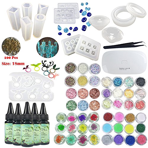 Frenshion 5 Pcs 30ML Crystal Epoxy Resin UV Glue, 14Pcs Transparant Silicone Mold 100 Pieces Golden Rings Metal Accessories, Mini Lamp Tweezer 48 Pcs For Jewelry Earrings Necklace Bracelet Nail Art