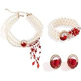 Blood Pearl Jewelry Set Vampire Necklace Bracelet Earrings for Women Goth Choker Necklace 3 Pcs Halloween Accessories