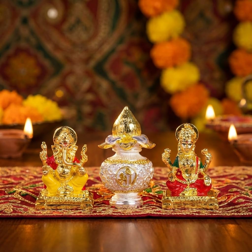 ZAARIYA Gold and Silver Plated & Laxmi Ganesha Idol with Kalash for Pooja Room | Statue for Pooja Room Decor, Car Dashboard & Diwali Gifting