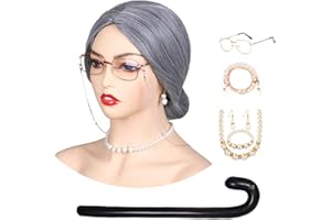 FantaLook Short Gray Old Lady Cosplay Wig with Glasses EyeGlasses Chain Earrings Necklace Bracelet and Inflatable Crutch for Women Grandma Costume for Halloween