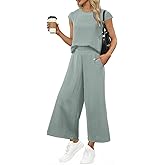EVALESS Women's Summer 2 Piece Outfits Fashion 2025 Cap Sleeve Top and Wide Leg Pants Matching Set Vacation Outfits