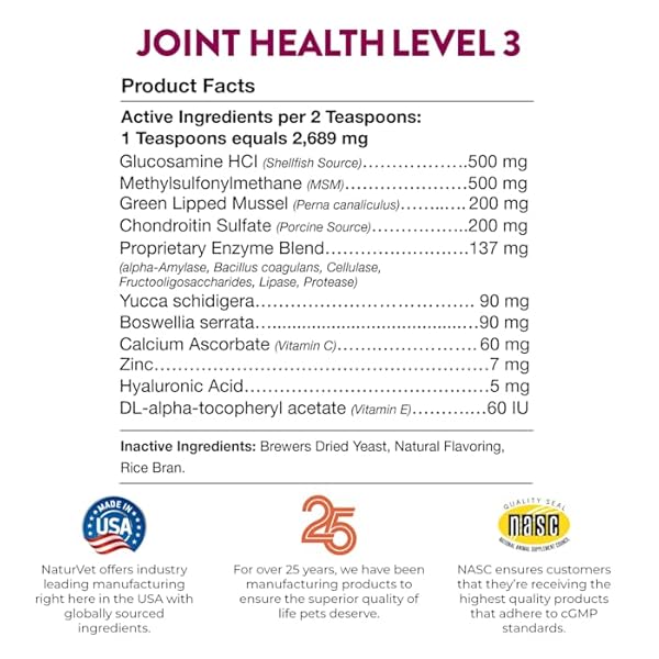 NATURVET JOINT HEALTH LEVEL 3 PET SUPPLEMENT FOR CATS & DOGS – HELPS SUPPORT HIP & JOINT FUNCTION – INCLUDES HYALURONIC ACID, GLUCOSAMINE, MSM, CHONDROITIN – 10 OZ. POWDER