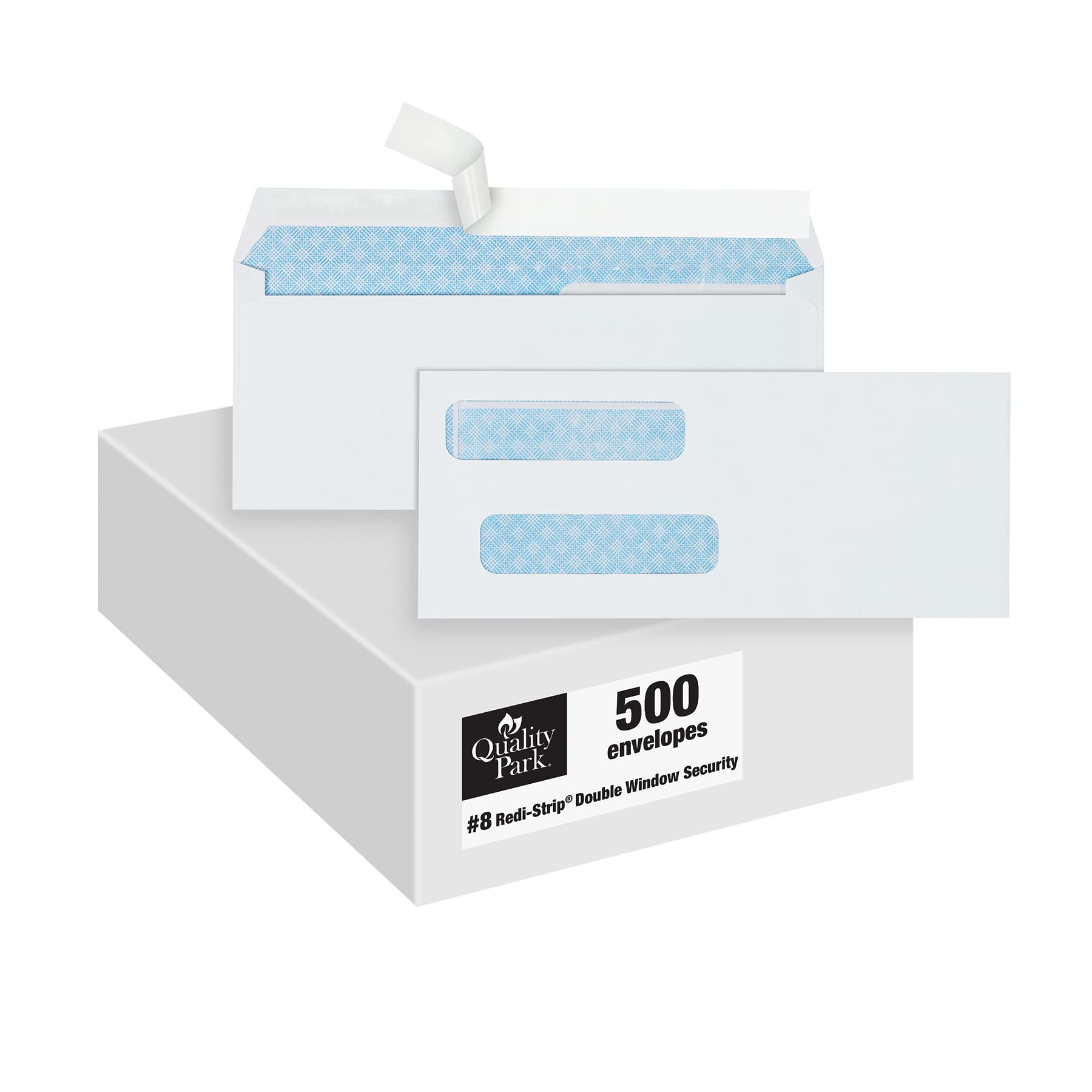 Photo 1 of Quality Park #8 Double Window Envelopes, Self Seal Security Envelopes for QuickBooks Checks, 3 5/8" x 8 11/16", 24 lb White, 500 per Box (QUA50766)