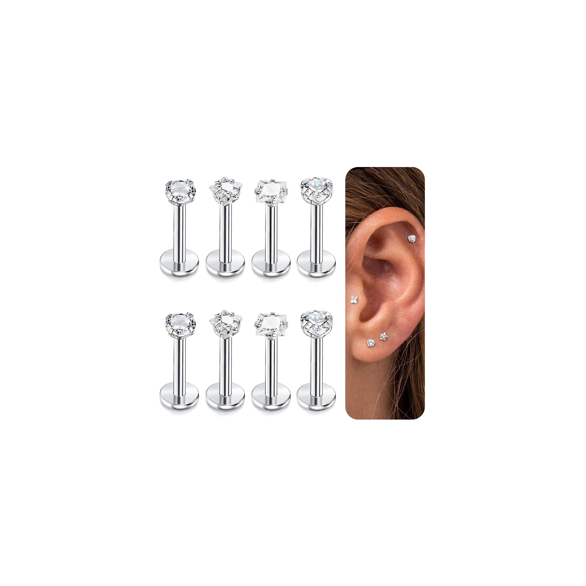 YADOCA 8 Pcs Internally Threaded Labret Stud Lip Rings for Women Men 16G Stainless Steel Medusa Monroe Piercing Cartilage Tragus Forward Helix Earrings Piercing Jewelry Nose Piercing 8mm