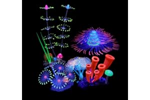 FUNOJOY Glowing Fish Tank Decorations Aquarium Coral Plants, Simulation Silicone Coral, Fluorescence Sea Anemone, Glow Coral Ornaments for Aquarium Fish Tank Decor Aquarium Accessories (A-7)