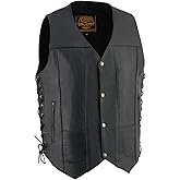 Milwaukee Leather SH1391 Men's Black Leather 10 Pocket V-Neck Side Lace Motorcycle Rider Vest w/Front Snap Closure