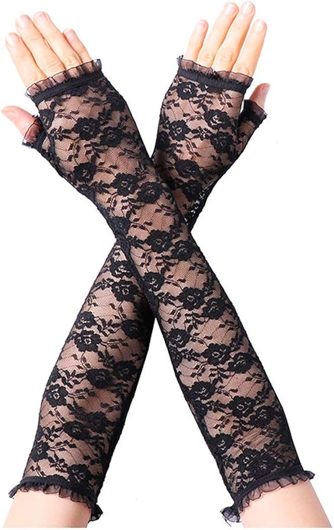 Barode Long Fingerless Gloves Black Floral Lace 1920s Flapper Glove Opera Party