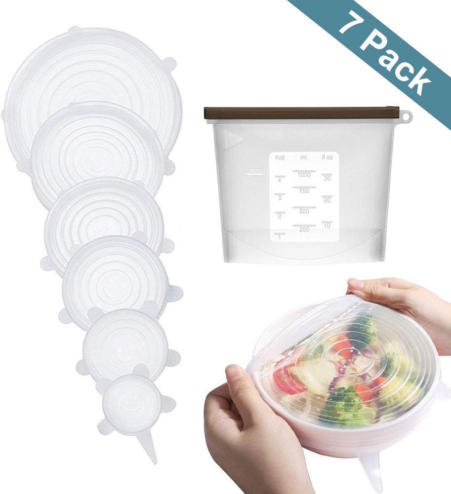 6-Pack Silicone Stretch Lids + 1 Silicone Food Storage Bag | Chialstar Eco-friendly Transparent, Reusable, Stretchable,Heat Resistant and Leak Proof Cover for Fruits & Vegetables and Cups Bowls Dishes