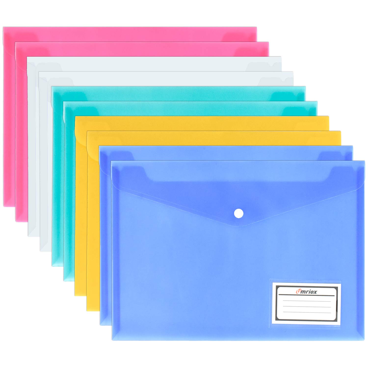 Wallets - 10 Pack A4 Folders Document Files Envelope - Plastic Popper With Label Pocket and Snap Button for School Office Homework Travel, Assorted Colours