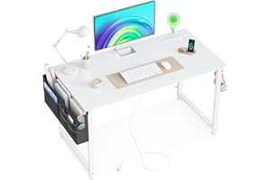KKL Small Desk with Power Outlets and USB Port Computer Desk for Home Office Gaming Simple Modern Style Writing Desks with Storage Bag Headphone Hook, 40 inch, White