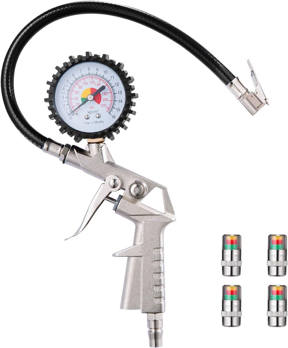 JRG Car Tyre Pressure Gauge & 4X Tyre Presssure Monitor Valve Caps Max Test 220Psi/16Bar Tire Air Tester Tool For Tyre Car Bicycle Motorcycle