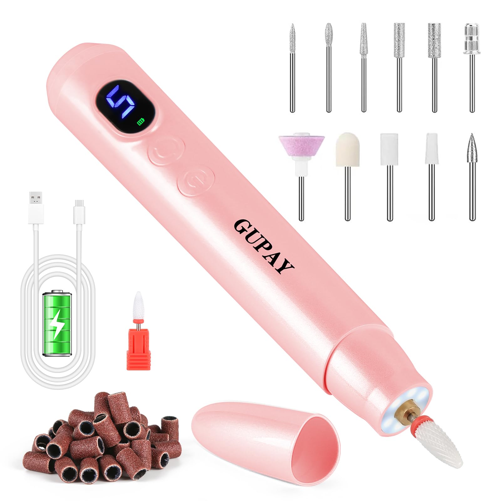 GUPAY Cordless Electric Nail Files, Professional Nail Drill Machine for Acrylic Nails Gel with 5 Adjustable Speed, Portable E File Manicure Pedicure Gifts for Girl Women Beginners (Pink)