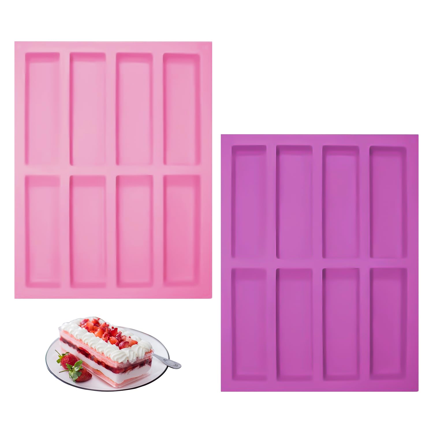 OAAO 2 Pieces of 8-Grid Silicone Molds, Rectangular Silicone Molds, Chocolate Bar Molds, Cake Nougat, Ice Cubes, Oatmeal Bars, Energy Bars, Bread Cookies, Silicone Molds, Easy-to-Demould Baking Tools