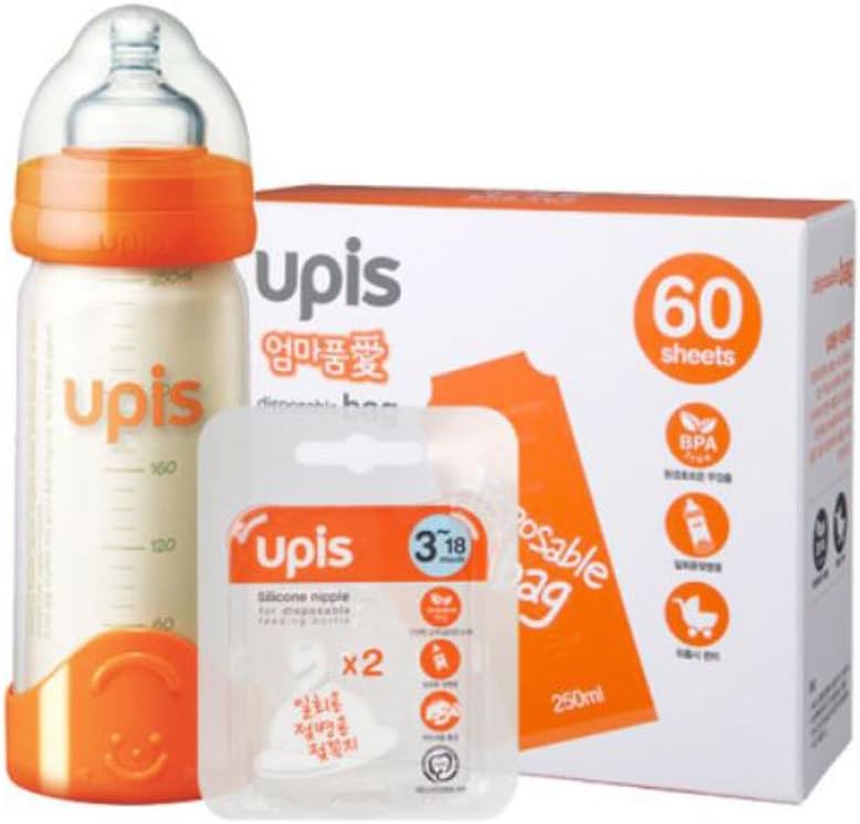 Safe and Convenient Disposable Feeding Bottle 250ml with Sterilized Vinyl 60 Pack and Pacifier Storage case for 3-18 Month Baby (Made in Korea)