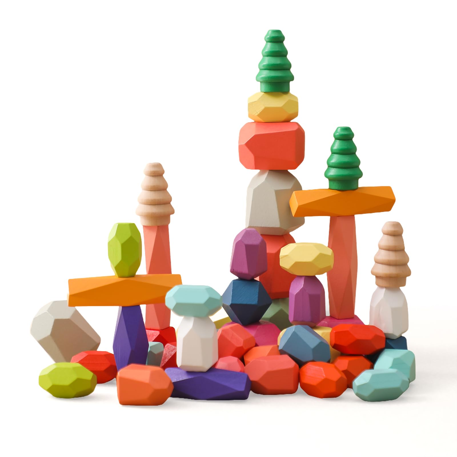Promise Babe Montessori Wooden Rainbow Stacking Stones 48 Pieces, Age 3-6, Building Blocks, Educational Toy