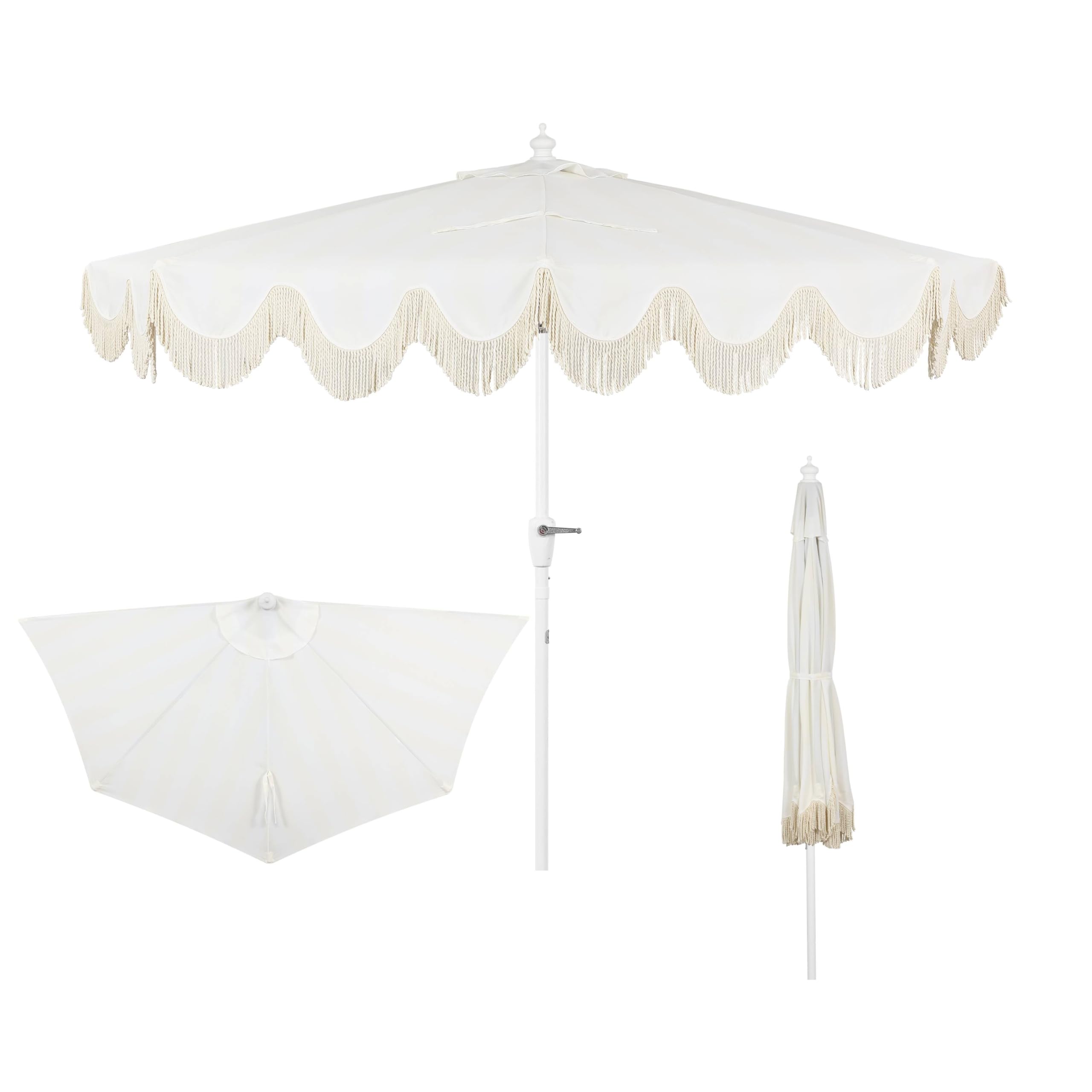 Photo 1 of JONATHAN Y Half Umbrella UMB1201K Beverly 9 ft. Designer Classic Scalloped Fringe Market Patio with Crank, Tilt Button and UV Protection in Cream/White, White Pole