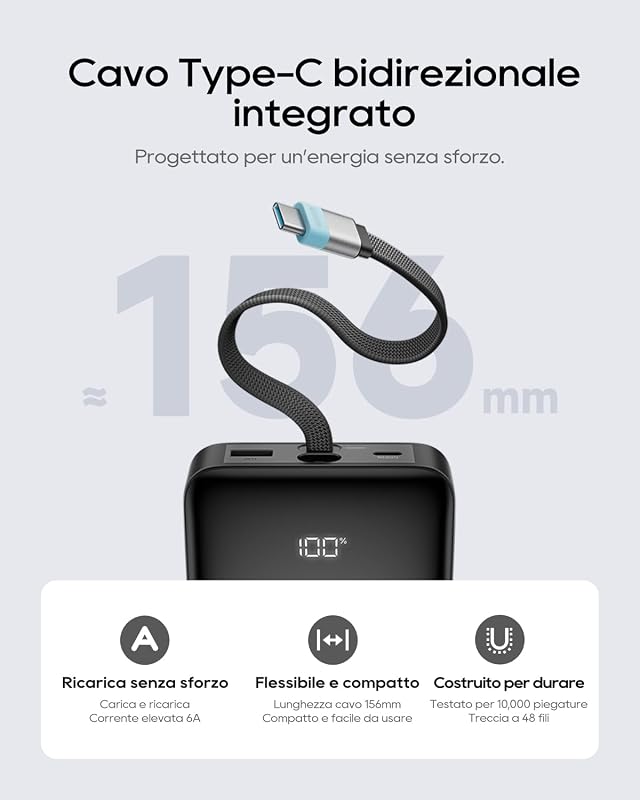 Power Bank 25000mAh Caricatore Portatile 100W Max con Cavo USB-C Integrato, Batteria Esterna a Ricarica Rapida per MacBook Pro/Air, iPhone 17/16/15 Series, Samsung, Pixel