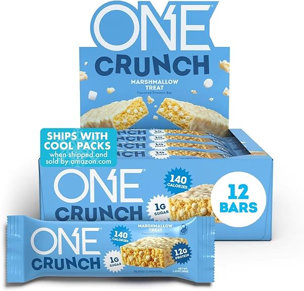 ONE CRUNCH PROTEIN BARS, MARSHMALLOW TREAT, GLUTEN FREE PROTEIN BARS WITH 12G PROTEIN AND 1G SUGAR, PANTRY STAPLES, 2.12 OZ (12 COUNT)