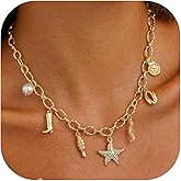 Chunky Charm Cross Pearl Necklace For Women Seashell Shell Starfish Beach Bow 14K Gold Plated Pendant Summer Jewelry