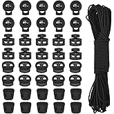 HDST-HOME 40Pcs Plastic Cord Locks 3 Types and 1/8 Inch 65ft Elastic Cord Spring Toggle Stopper End Cord Stopper Slider Cord Fastener for Drawstring Shoelaces Clothing Backpack Bags