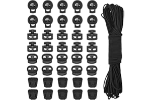 HDST-HOME 40Pcs Plastic Cord Locks 3 Types and 1/8 Inch 65ft Elastic Cord Spring Toggle Stopper End Cord Stopper Slider Cord Fastener for Drawstring Shoelaces Clothing Backpack Bags