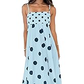 chouyatou Women's Elegant Polka Dot Maxi Dress Back Smocked Spaghetti Strap Ruffle Swing Long Dress with Pockets