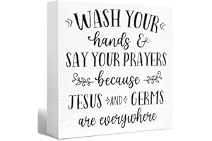 SJNH Wash Your Hands and Say Your Prayers Sign Wood Block,Funny Bathroom Signs Wooden Box for Bathroom Shelf Washroom Toilet Restroom Shelves Decor 5"L x 5"W x 1.1"H