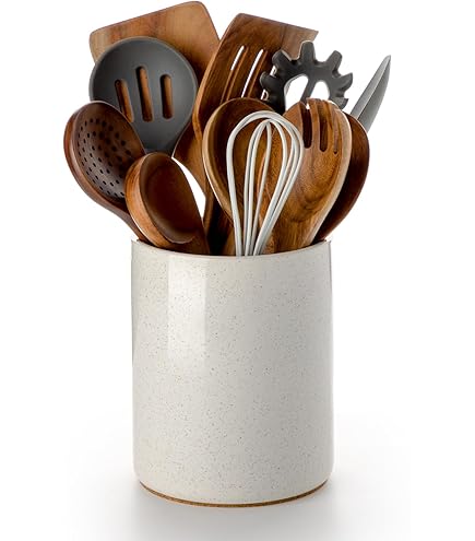 Satu Brown Ceramic Utensil Holder - Stripes Design, 5.1" W X 6.6" H, Countertop Organizer For Kitchen Tools
