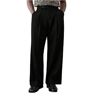 OYOANGLE Men's Pleated Dress Pants Zipper Fly Wide Leg Work Casual Long Trousers with Pockets