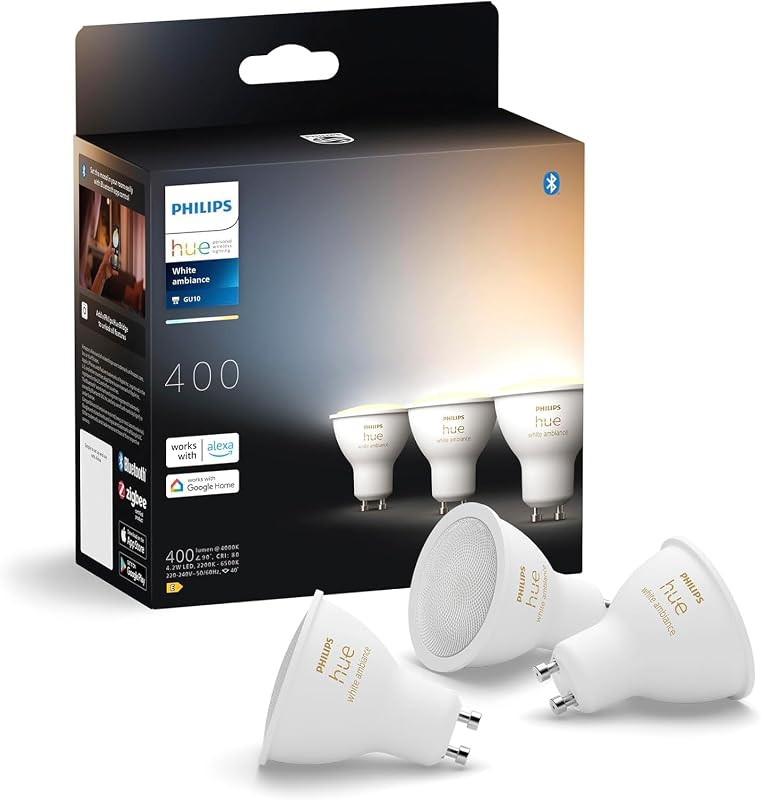 Philips Hue - Lâmpada LED inteligente, GU10, Luz branca quente a fria, 4,2 W 400 lúmenes, compatível com Alexa e Google Home - Pack de 3 lâmpadas LED inteligentes