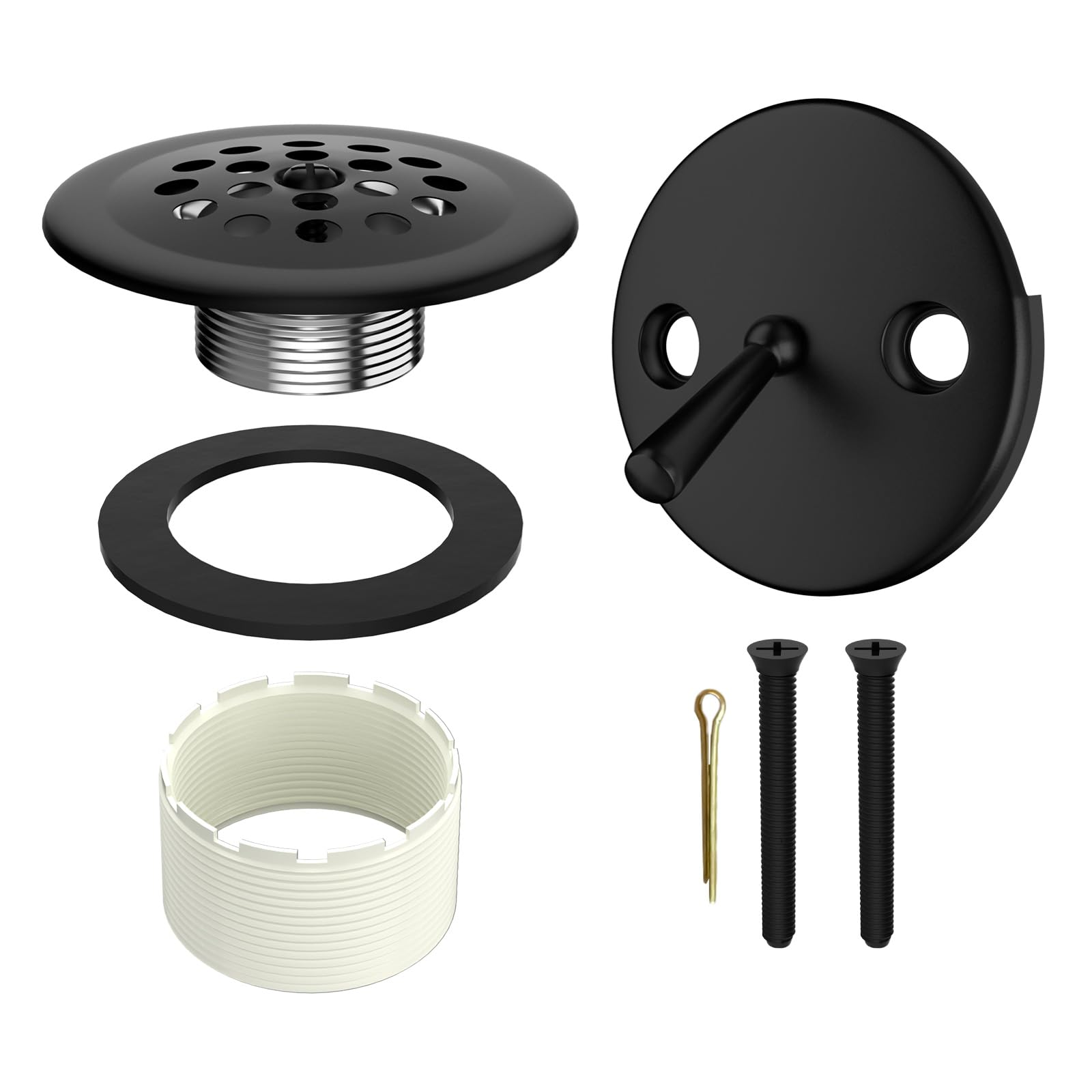 Photo 1 of Paikalo Trip Lever Tub Drain and Overflow Faceplate, Trip Levers Bathtub Drains Assembly Stopper Kit with Strainer Overflow Cover, No Putty Gasket and Matching Screws (Matte Black)