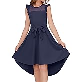 grewley Girls Dresses Summer Ruffle Sleeve Mesh A Line Casual Party Dresses Belted Dress with Pockets 5-14 Years
