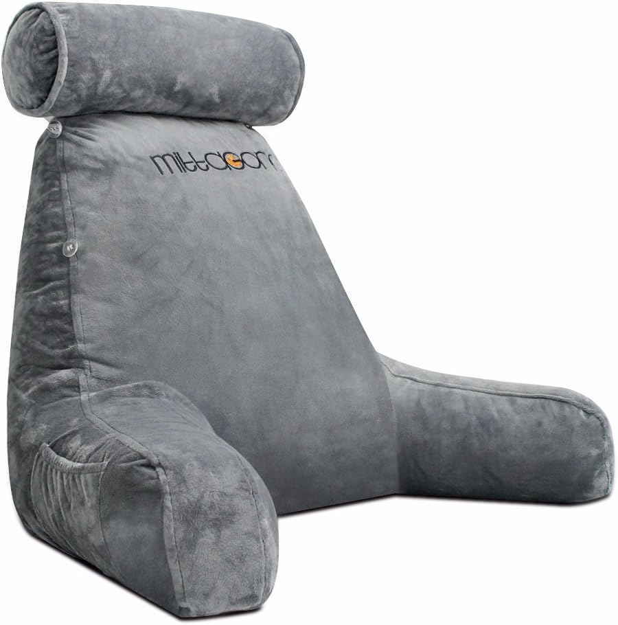 mittaGonG Shredded Foam Reading Pillow with Detachable Neck Roll & Big Bed Backrest Pillow for Bed with Arms and Side Pocket - Perfect for Back Support While Relaxing, Gaming, Reading, or Watching TV: Home & Kitchen