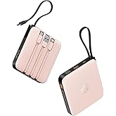 VRURC Mini Portable Charger, 22.5W USB C Fast Charging 10000mAh Pocket Power Bank with Built-in Cable, Battery Pack for iPhone 16 15 14 13 Samsung Galaxy S23 S22 Google Android, Pink(1 Pack)