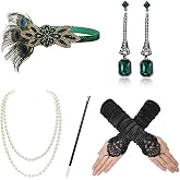 1920s Gatsby Accessories Set for Women Flapper Costume 20s Flapper Headband Pearl Necklace Gloves Plastic Holder