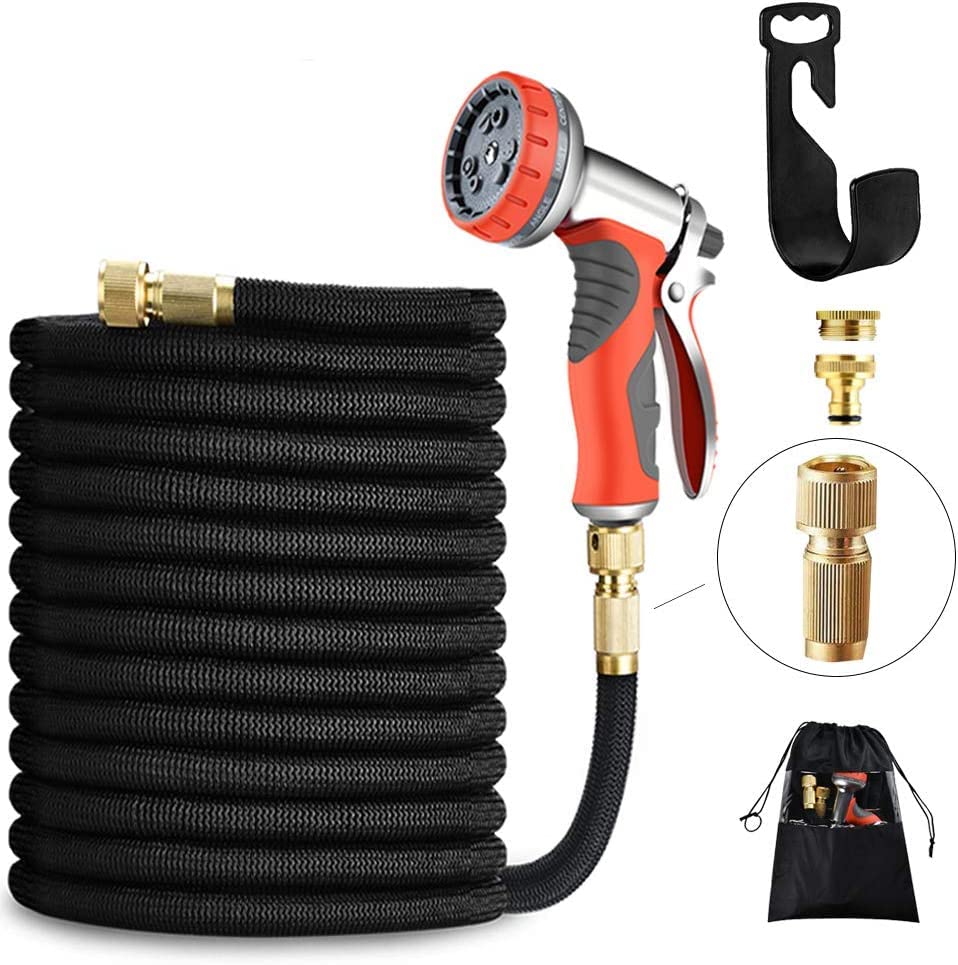 LUFENG Upgraded Garden Hose 50FT 15M Expandable with Strongest Double Latex Core Water Hose Pipe with Solid Brass Fittings 9 Function Metal Water Nozzle Wall Holder (50FT)