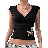 AKLOPVII Women Y2k Floral Embroidery V Neck Crop Tops Vintage Cute Cap Sleeve Slim Fit Cropped T Shirts 2000s Baby Tees