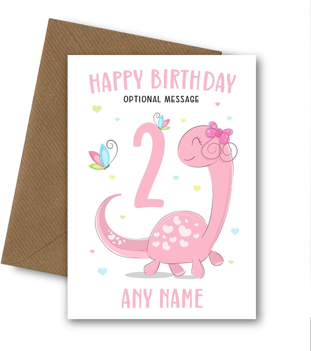 PERSONALISED Pink Dinosaur Birthday Card. Perfect for birthday of any age including 1st, 2nd, 3rd, 4th, 5th, 6th, 7th, 8th, 9th, 10th for Daughter, Sister, Niece, Granddaughter, God Daughter.
