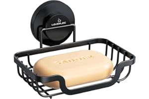 LEVERLOC Soap Dish, Soap Bar Holder for Shower Suction Cup Wall Mounted, Stainless Steel No-Drilling Removable Waterproof Sponge Holder for Bathroom Bathtub Kitchen Sink, Keep Dry, Black