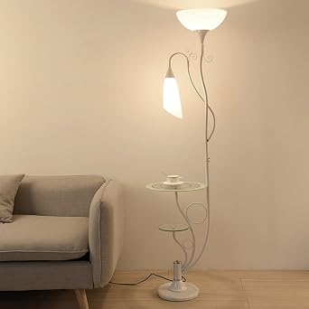 Lofami Modern Floor Lamp With Glass Shelves 2 Light White Acrylic Lampshade Uplighter Light Lamp Stands Lamp For Living Room H164cm Color White Amazon Co Uk Lighting