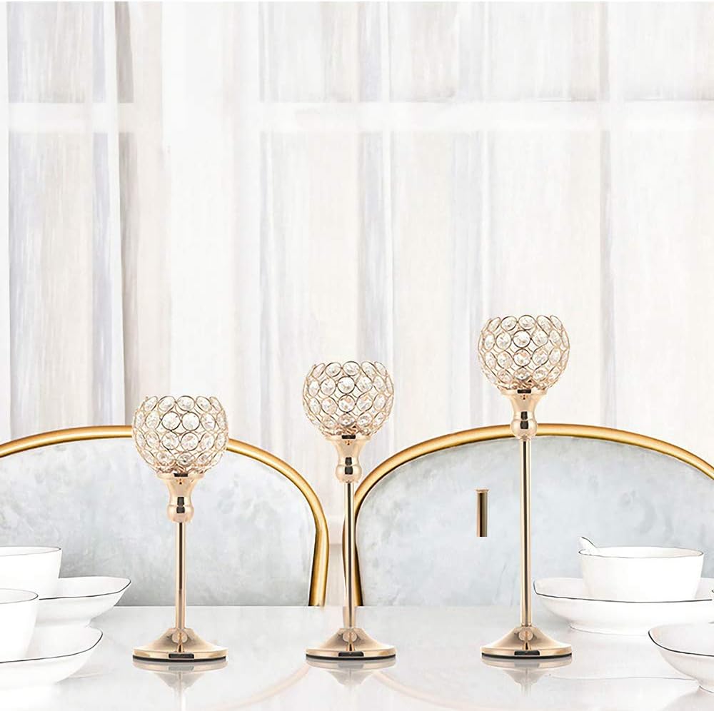 Vincidern Gold Crystal Candle Holder Decor for Wedding Centerpiece, Tealight Candlestick Holder for Fireplace Candelabra, Home Decor, Party, Housewarming Gift (Pack of 3Pcs): Home & Kitchen