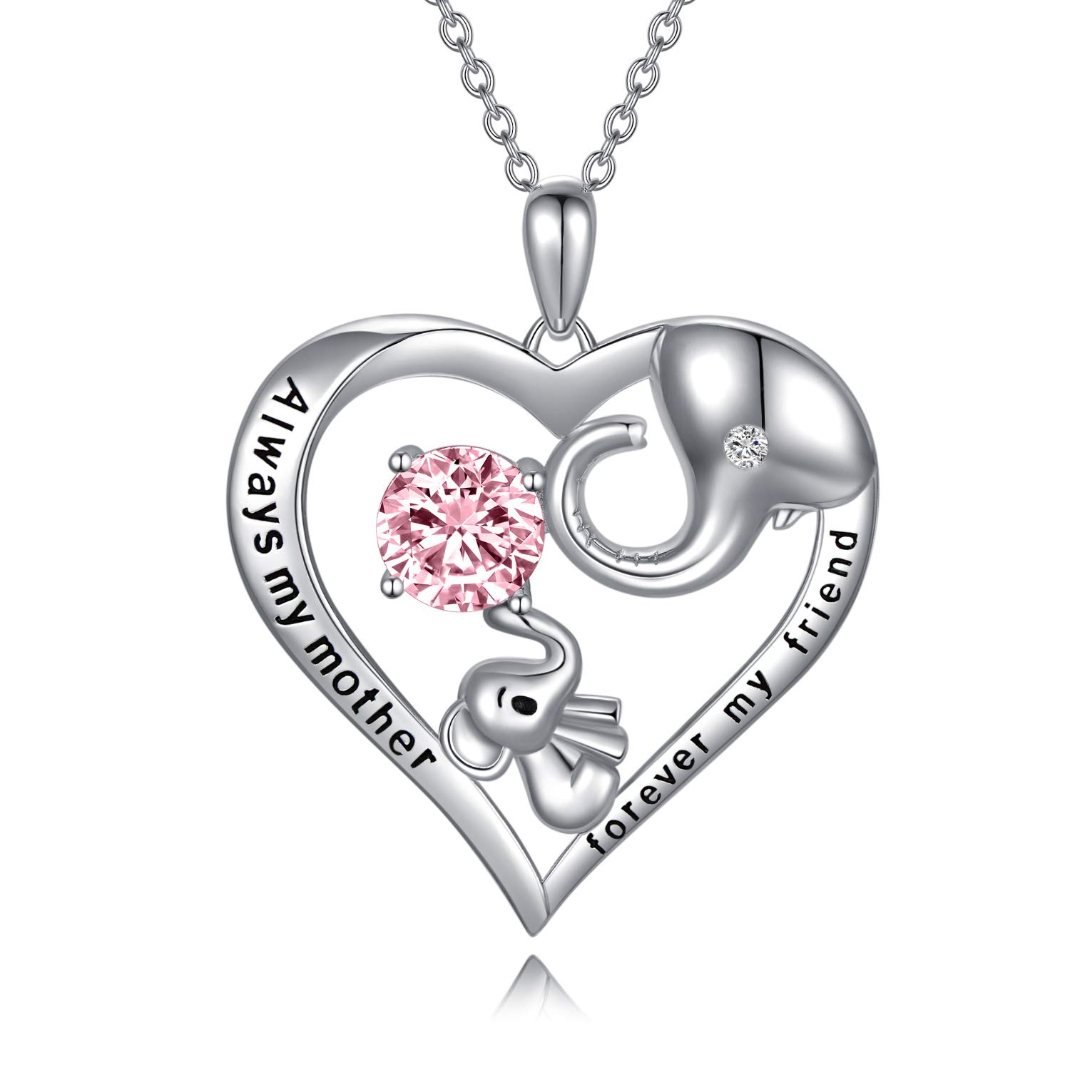 Mum Necklace Sterling Silver Love Heart Lucky Elephant Necklace with Birthstone Crystals, Birthday Mothers Day Jewellery Gifts for Mum from Daughter Son (Pink)