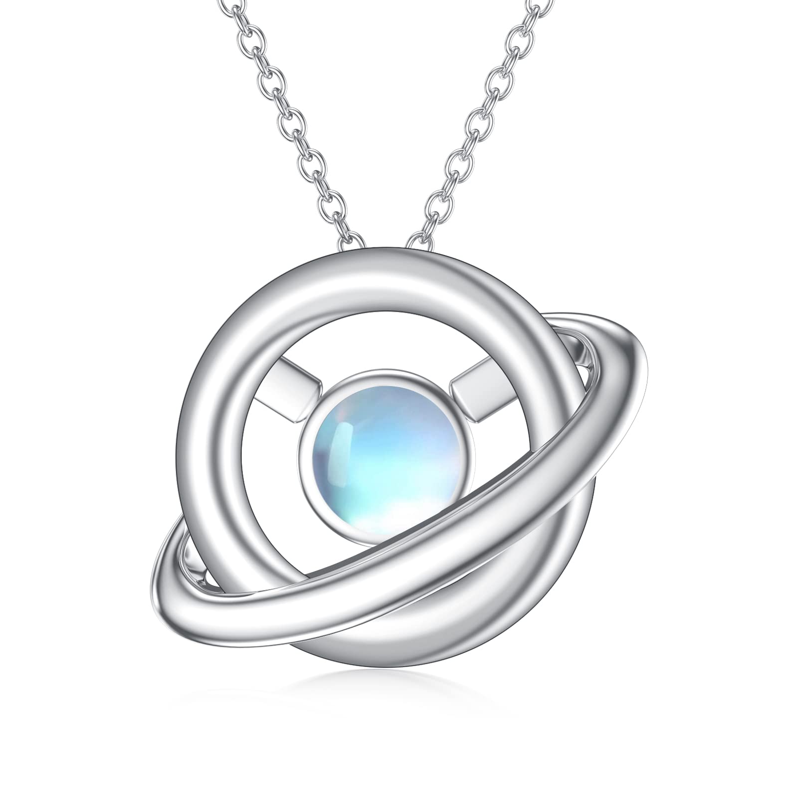MUUYON Moonstone Saturn Planet Necklace 925 Sterling Silver Universe Interstellar Pendant Moonstone Jeweley Gift for Women Girls