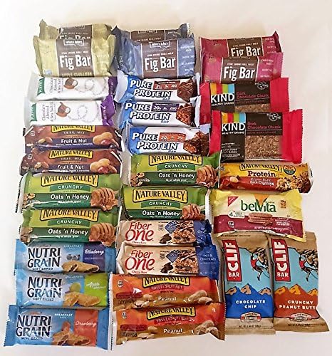VarietyBoxed Healthy Energy Bars Variety Pack (Bundle of 30 Items): Nature's Valley(9), Fig Bar(6), NutriGrain(3), Pure Protein(3), Kashi(2), Fiber One(2), Clif(2), Kind(2), Belvita(1)