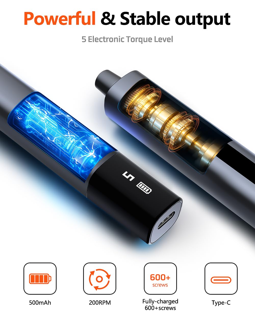 Mini Electric Screwdriver Set, Small Electric Precision Screwdriver with 5 Torque Levels, Max 0.75N.m, 500mAh Battery, 50-in-1 Cordless Power Screwdriver Kit for Laptop, Phone & Electronics Repair